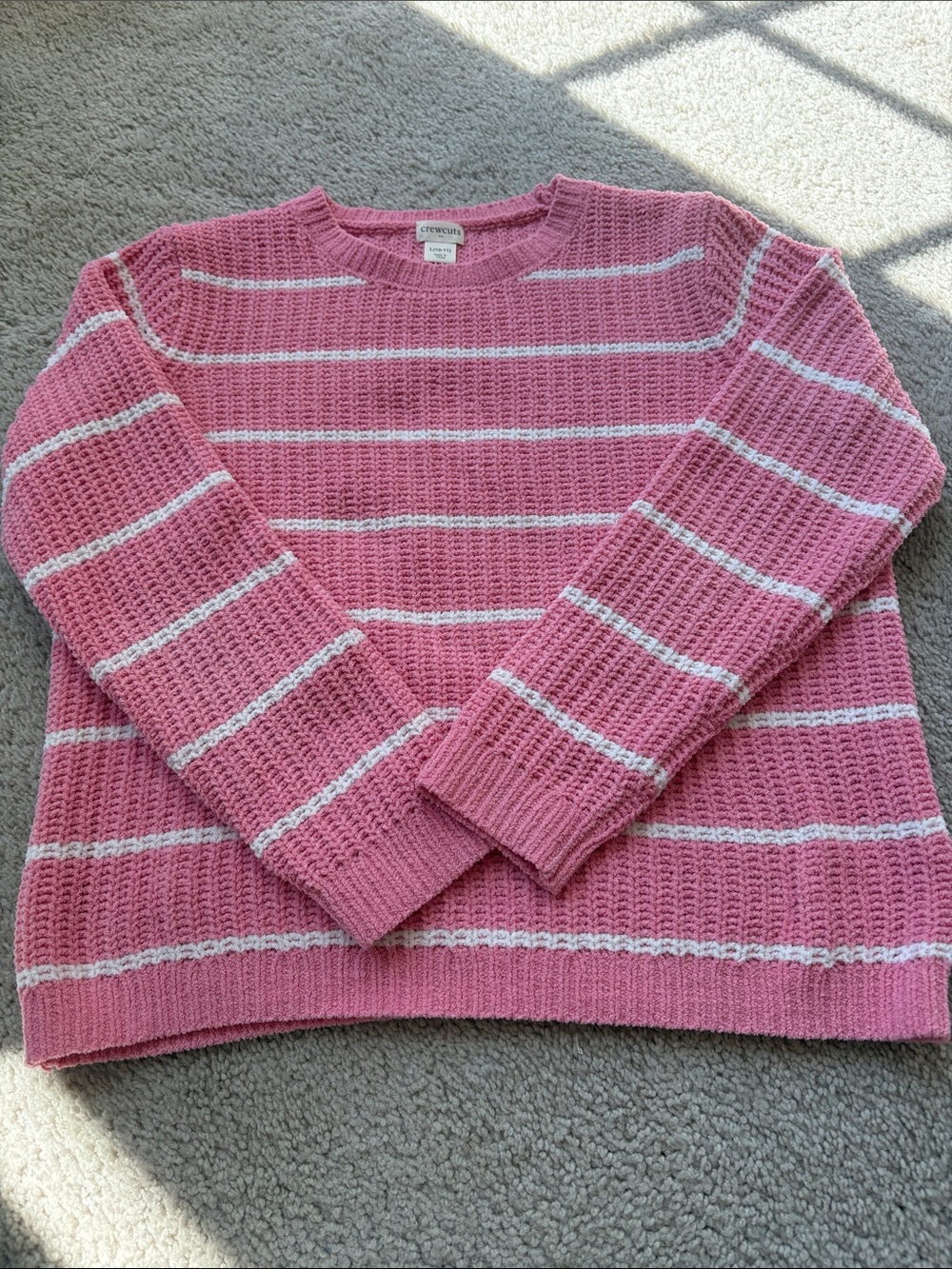 Crewcuts Pink & White Striped Waffle Knit Crewneck Sweater